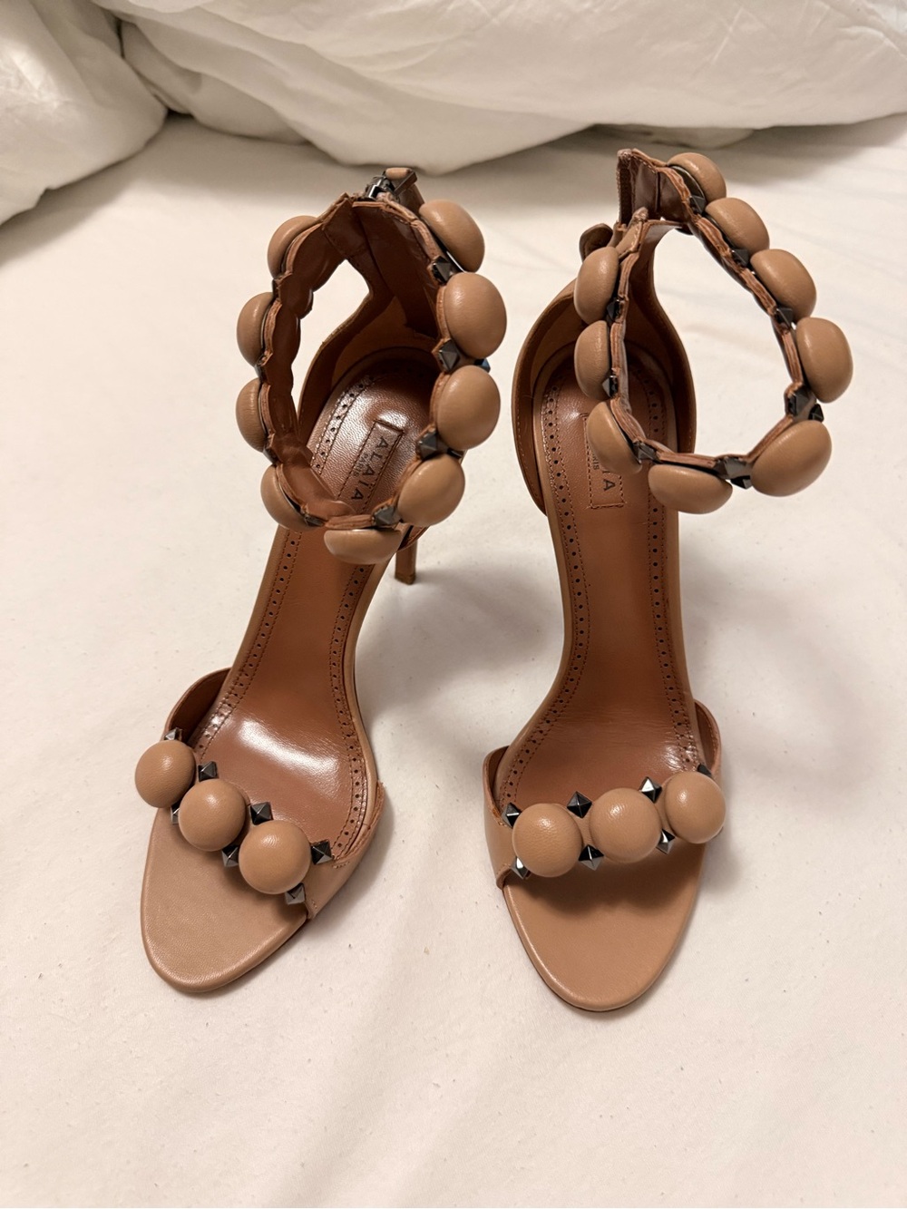 Alaïa Tan Leather Beaded Stiletto Sandals